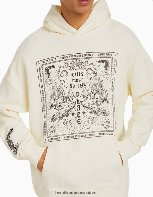 Bershka bărbați hanorac imprimat cremă Z86D2983 îmbrăcăminte