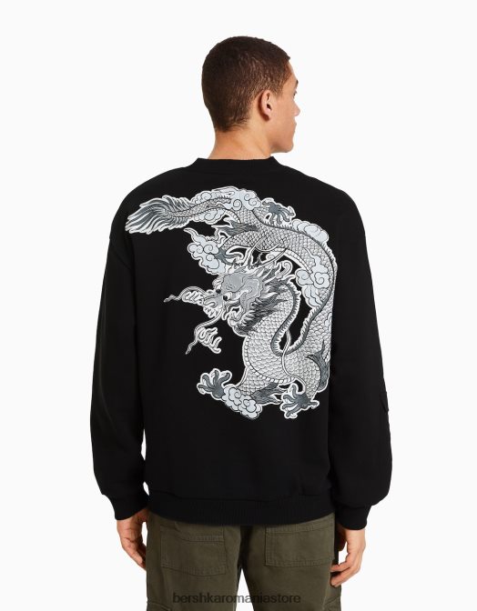 Bershka bărbați hanorac oversize imprimat negru Z86D2967 îmbrăcăminte