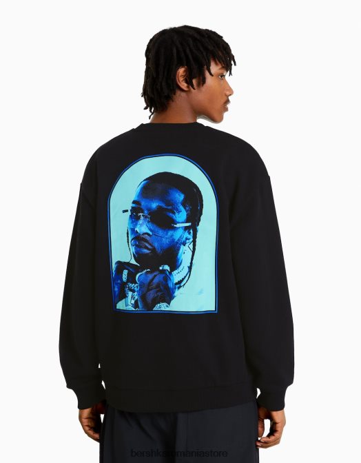 Bershka bărbați hanorac pop smoke cu gâtul rotund negru Z86D2987 îmbrăcăminte