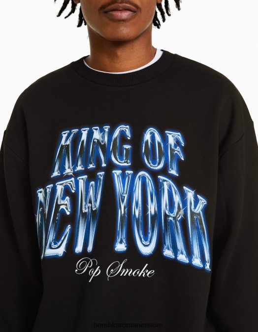 Bershka bărbați hanorac pop smoke cu gâtul rotund negru Z86D2987 îmbrăcăminte