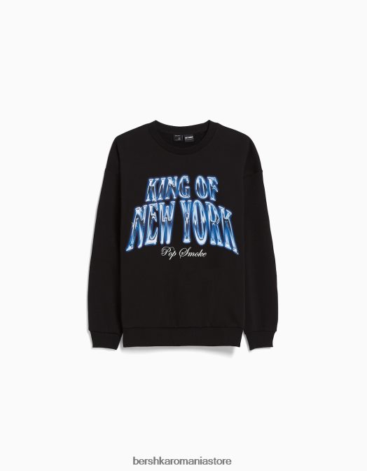 Bershka bărbați hanorac pop smoke cu gâtul rotund negru Z86D2987 îmbrăcăminte