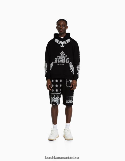 Bershka bărbați hanorac supradimensionat cu imprimeu paisley negru Z86D2982 îmbrăcăminte