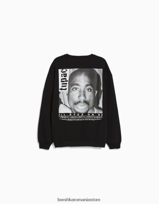 Bershka bărbați hanorac tupac cu gât crew negru Z86D2971 îmbrăcăminte