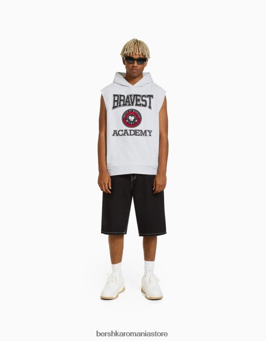 Bershka bărbați vestă din lână cu glugă cu imprimeu box gri Z86D2946 îmbrăcăminte