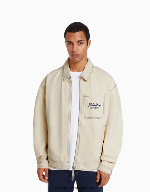 Bershka bărbați geacă din bumbac brodat cu cusături contrastante cremă Z86D3076 îmbrăcăminte