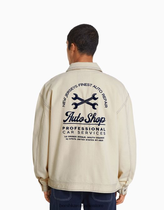 Bershka bărbați geacă din bumbac brodat cu cusături contrastante cremă Z86D3076 îmbrăcăminte