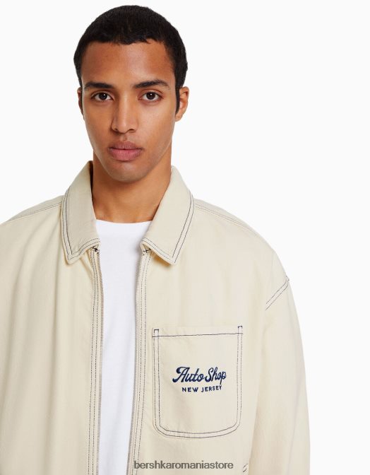 Bershka bărbați geacă din bumbac brodat cu cusături contrastante cremă Z86D3076 îmbrăcăminte