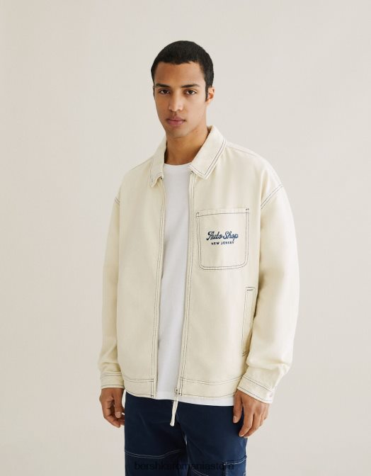 Bershka bărbați geacă din bumbac brodat cu cusături contrastante cremă Z86D3076 îmbrăcăminte