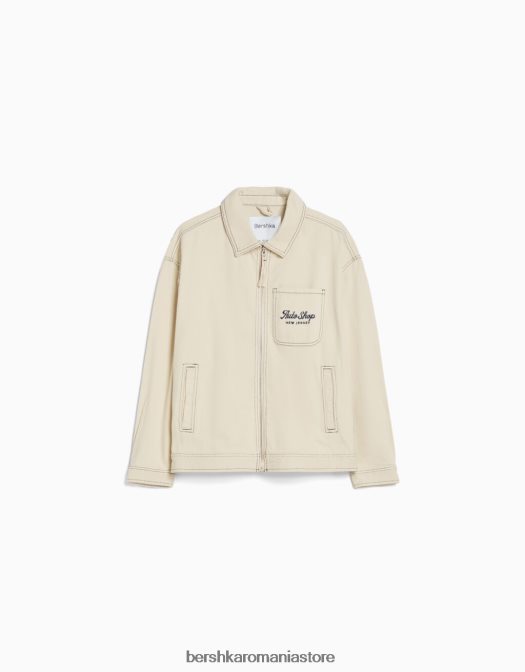 Bershka bărbați geacă din bumbac brodat cu cusături contrastante cremă Z86D3076 îmbrăcăminte