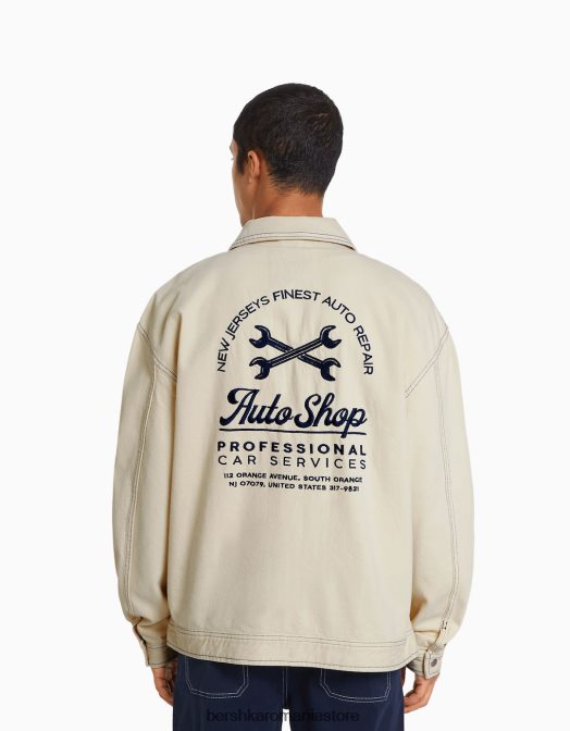 Bershka bărbați geacă din bumbac brodat cu cusături contrastante cremă Z86D3077 îmbrăcăminte