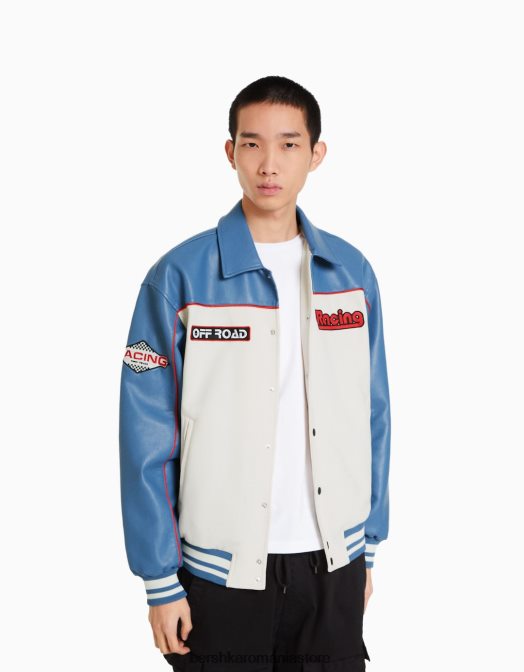 Bershka bărbați geaca de curse din imitatie de piele intoarsa si piele artificiala albastru Z86D3045 îmbrăcăminte