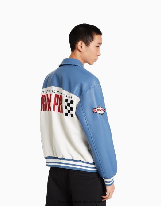 Bershka bărbați geaca de curse din imitatie de piele intoarsa si piele artificiala albastru Z86D3045 îmbrăcăminte