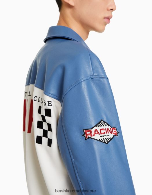 Bershka bărbați geaca de curse din imitatie de piele intoarsa si piele artificiala albastru Z86D3045 îmbrăcăminte