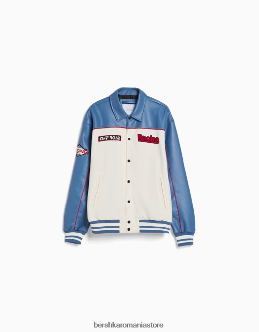 Bershka bărbați geaca de curse din imitatie de piele intoarsa si piele artificiala albastru Z86D3045 îmbrăcăminte