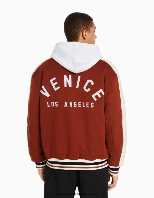 Bershka bărbați geaca din piele intoarsa artificiala cu plasture portocaliu închis Z86D3094 îmbrăcăminte