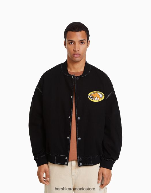 Bershka bărbați jachetă bomber din denim cu fir contrastant negru Z86D3099 îmbrăcăminte