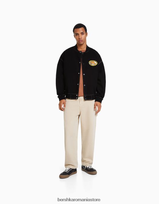 Bershka bărbați jachetă bomber din denim cu fir contrastant negru Z86D3099 îmbrăcăminte