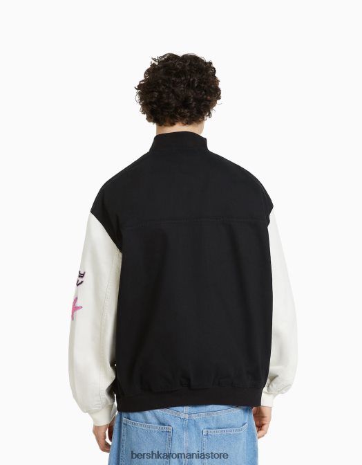 Bershka bărbați jachetă bomber din denim cu petice de varsity negru Z86D3047 îmbrăcăminte