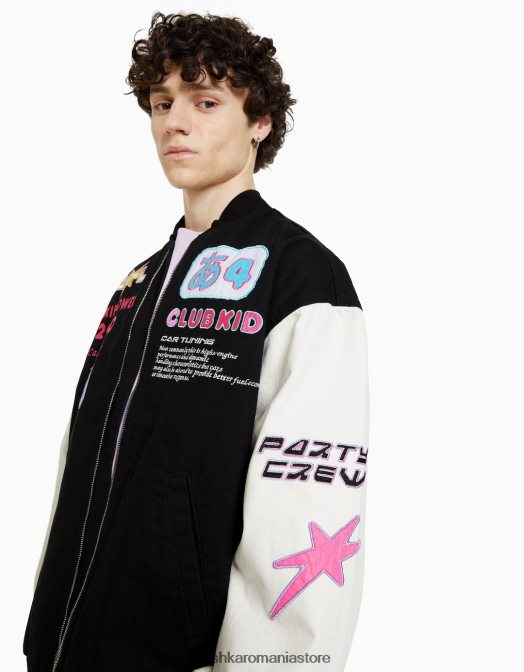 Bershka bărbați jachetă bomber din denim cu petice de varsity negru Z86D3047 îmbrăcăminte