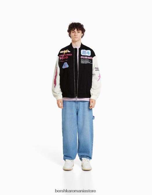 Bershka bărbați jachetă bomber din denim cu petice de varsity negru Z86D3047 îmbrăcăminte