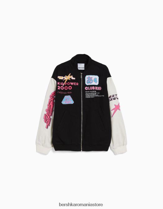 Bershka bărbați jachetă bomber din denim cu petice de varsity negru Z86D3047 îmbrăcăminte