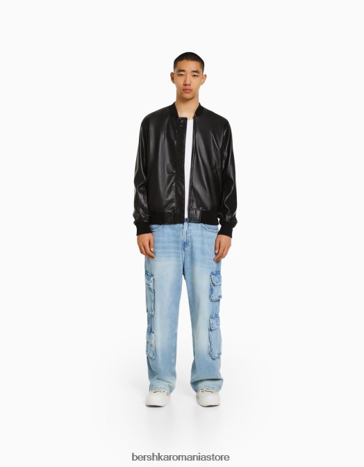 Bershka bărbați jachetă bomber din imitație de piele negru Z86D3064 îmbrăcăminte
