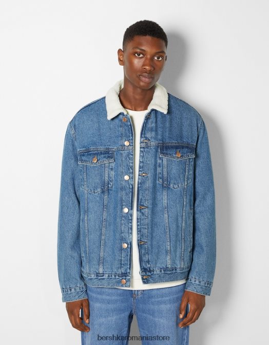 Bershka bărbați jachetă din denim cu căptușeală fleece albastru Z86D3101 îmbrăcăminte