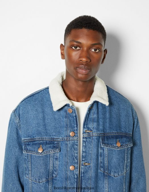 Bershka bărbați jachetă din denim cu căptușeală fleece albastru Z86D3101 îmbrăcăminte