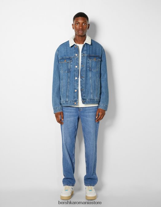 Bershka bărbați jachetă din denim cu căptușeală fleece albastru Z86D3101 îmbrăcăminte