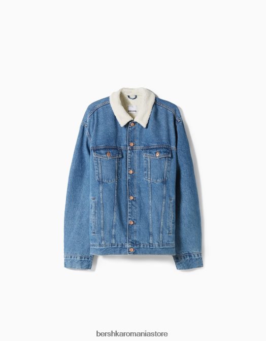 Bershka bărbați jachetă din denim cu căptușeală fleece albastru Z86D3101 îmbrăcăminte