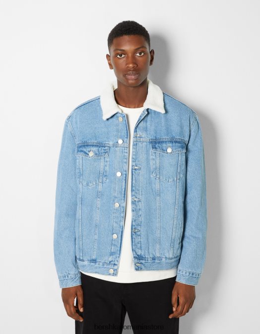 Bershka bărbați jachetă din denim cu căptușeală fleece albastru deschis Z86D3102 îmbrăcăminte