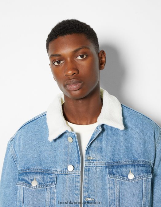 Bershka bărbați jachetă din denim cu căptușeală fleece albastru deschis Z86D3102 îmbrăcăminte