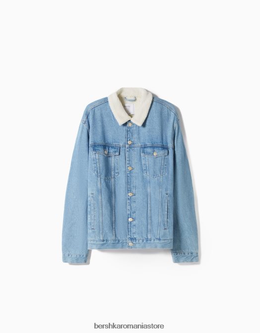 Bershka bărbați jachetă din denim cu căptușeală fleece albastru deschis Z86D3102 îmbrăcăminte