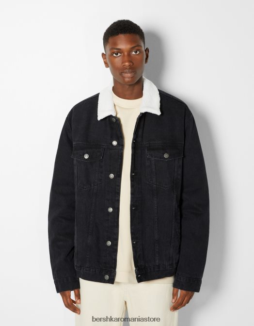 Bershka bărbați jachetă din denim cu căptușeală fleece negru Z86D3100 îmbrăcăminte