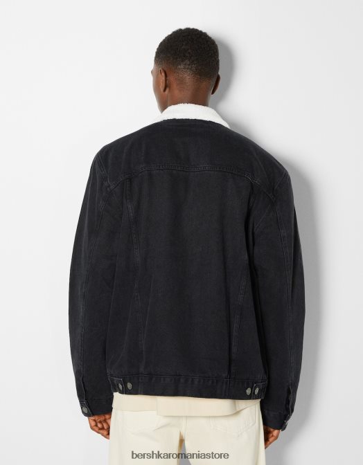 Bershka bărbați jachetă din denim cu căptușeală fleece negru Z86D3100 îmbrăcăminte