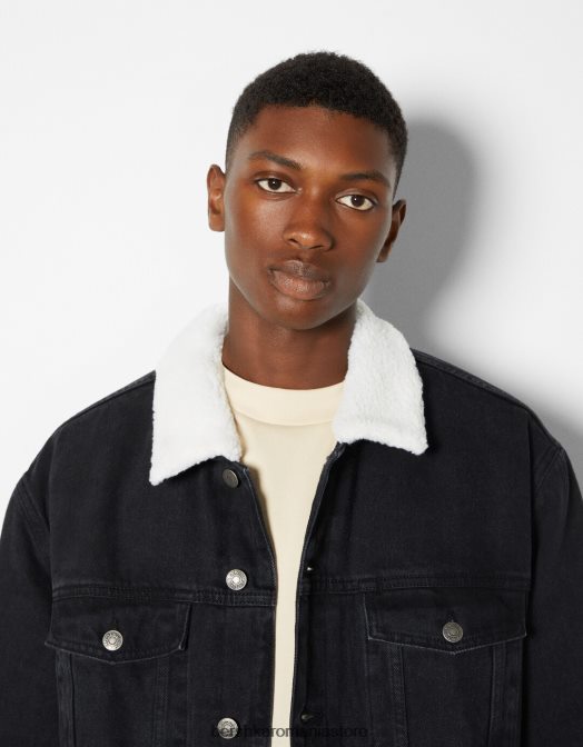 Bershka bărbați jachetă din denim cu căptușeală fleece negru Z86D3100 îmbrăcăminte