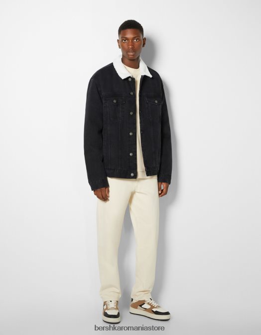 Bershka bărbați jachetă din denim cu căptușeală fleece negru Z86D3100 îmbrăcăminte