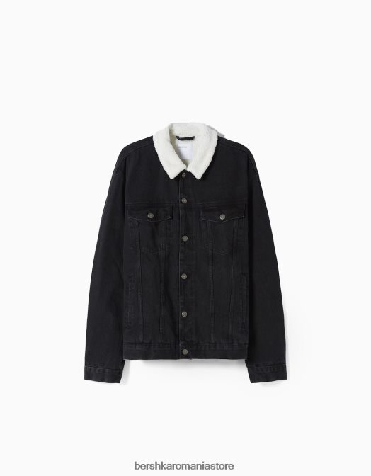 Bershka bărbați jachetă din denim cu căptușeală fleece negru Z86D3100 îmbrăcăminte