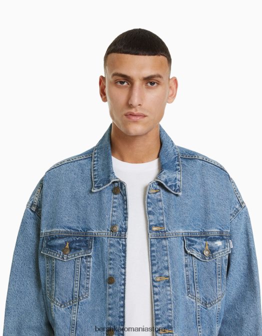 Bershka bărbați jachetă din denim supradimensionată albastru deschis Z86D3055 îmbrăcăminte