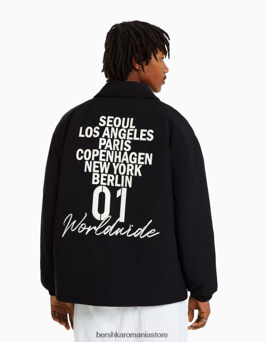 Bershka bărbați jacheta cu imprimeu la spate negru Z86D3048 îmbrăcăminte