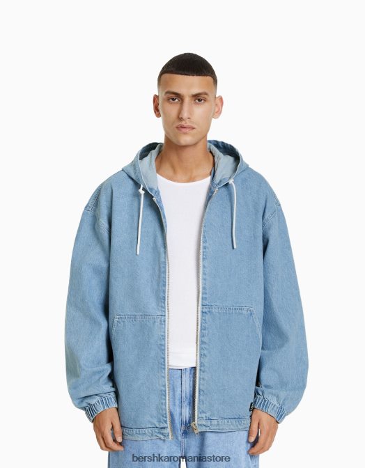 Bershka bărbați jacheta denim cu gluga albastru deschis Z86D3053 îmbrăcăminte