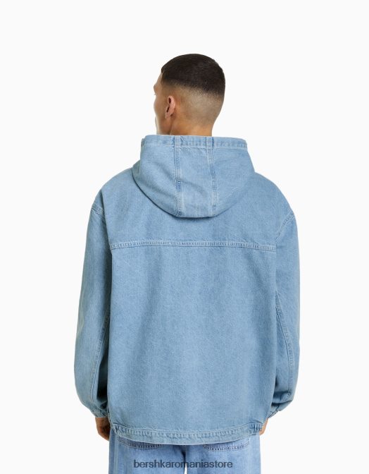 Bershka bărbați jacheta denim cu gluga albastru deschis Z86D3053 îmbrăcăminte