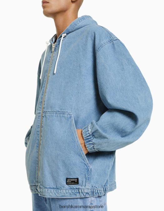 Bershka bărbați jacheta denim cu gluga albastru deschis Z86D3053 îmbrăcăminte