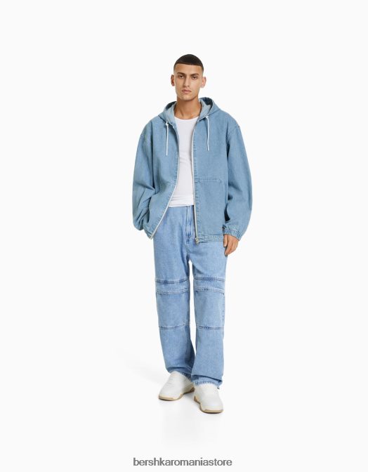 Bershka bărbați jacheta denim cu gluga albastru deschis Z86D3053 îmbrăcăminte