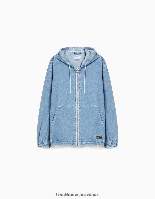 Bershka bărbați jacheta denim cu gluga albastru deschis Z86D3053 îmbrăcăminte