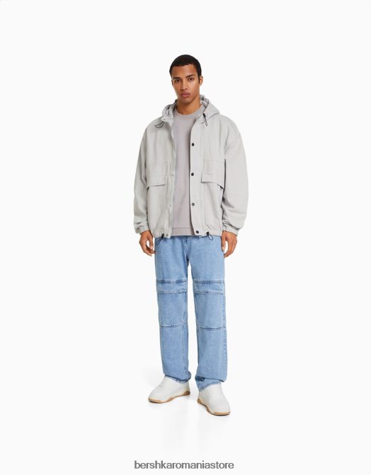 Bershka bărbați jacheta denim parașuta cu glugă gri Z86D3075 îmbrăcăminte