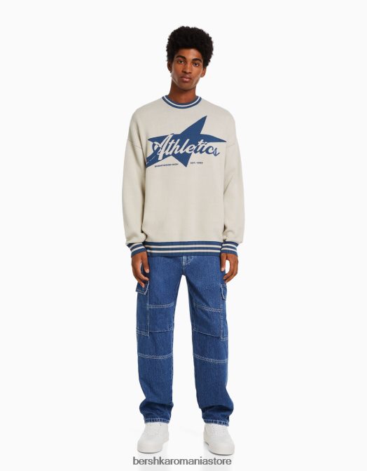 Bershka bărbați pulover de varsitate cremă Z86D3008 îmbrăcăminte
