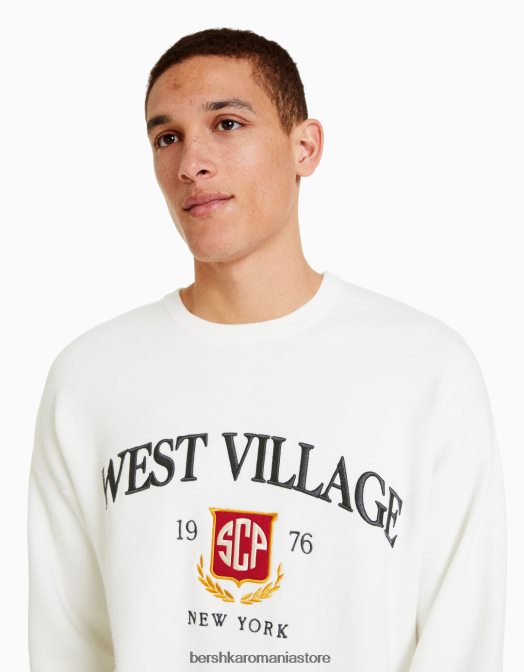Bershka bărbați pulover de varsity brodat alb Z86D3009 îmbrăcăminte