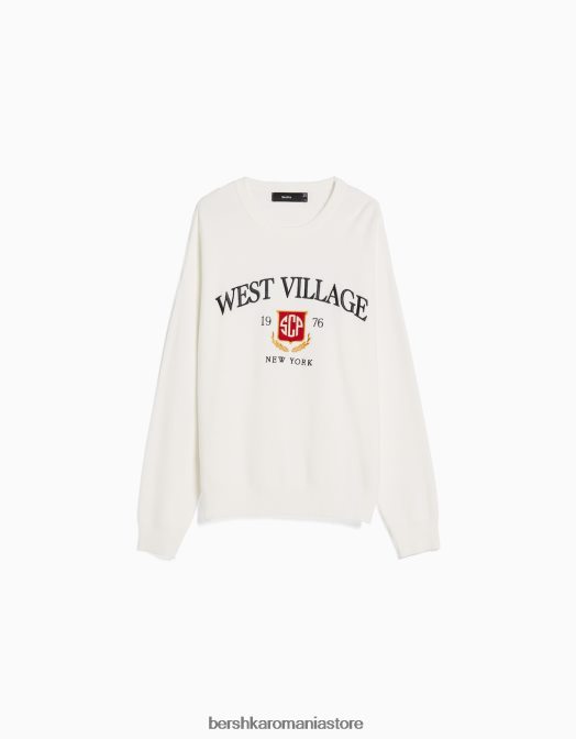 Bershka bărbați pulover de varsity brodat alb Z86D3009 îmbrăcăminte