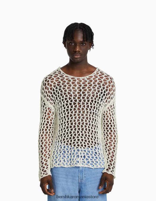Bershka bărbați pulover din plasă cu decolteu alb Z86D2996 îmbrăcăminte